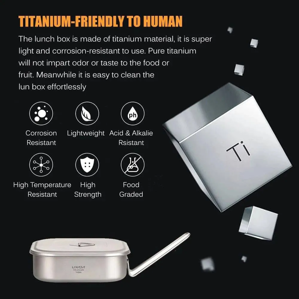 1100ml Ultralight Titanium Lunch Box with Foldable Handle for Outdoor Camping Equipment Hiking Travel Picnic Tableware Supplies