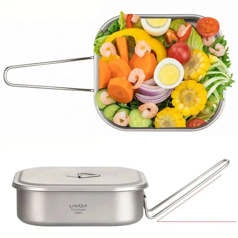 1100ml Ultralight Titanium Lunch Box with Foldable Handle for Outdoor Camping Equipment Hiking Travel Picnic Tableware Supplies