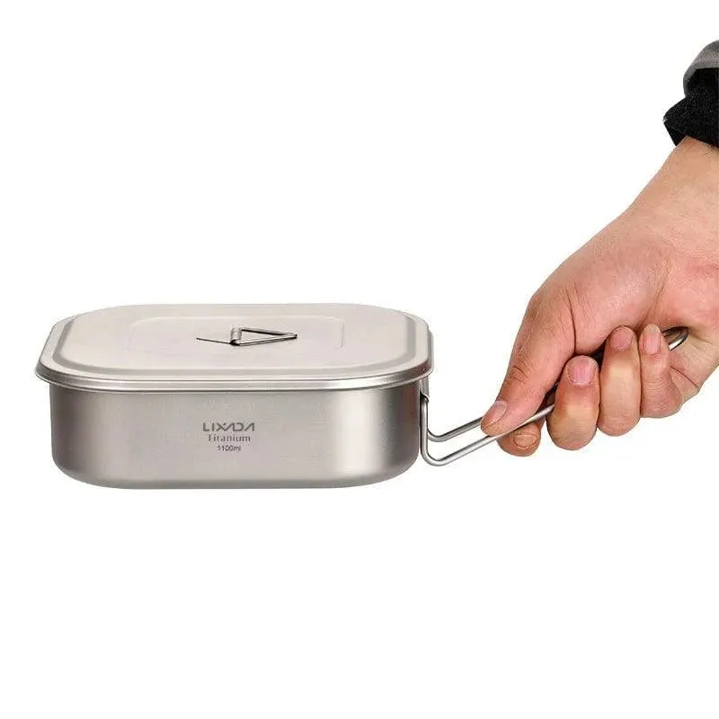 1100ml Ultralight Titanium Lunch Box with Foldable Handle for Outdoor Camping Equipment Hiking Travel Picnic Tableware Supplies