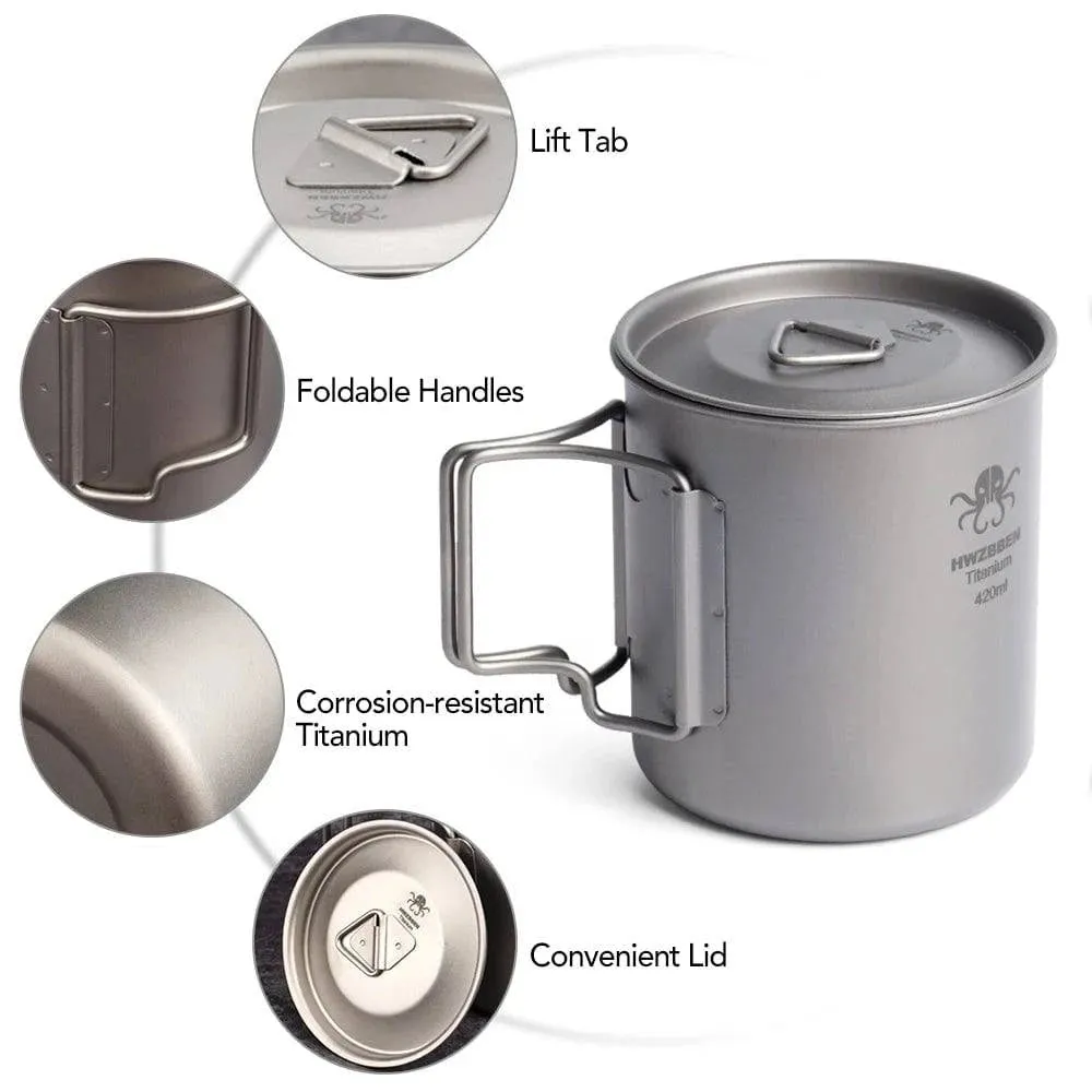420ml Titanium Cup with Foldable Handles Lightweight Water Cup Tableware for Outdoor Hiking Equipment Picnic Camping Supplies