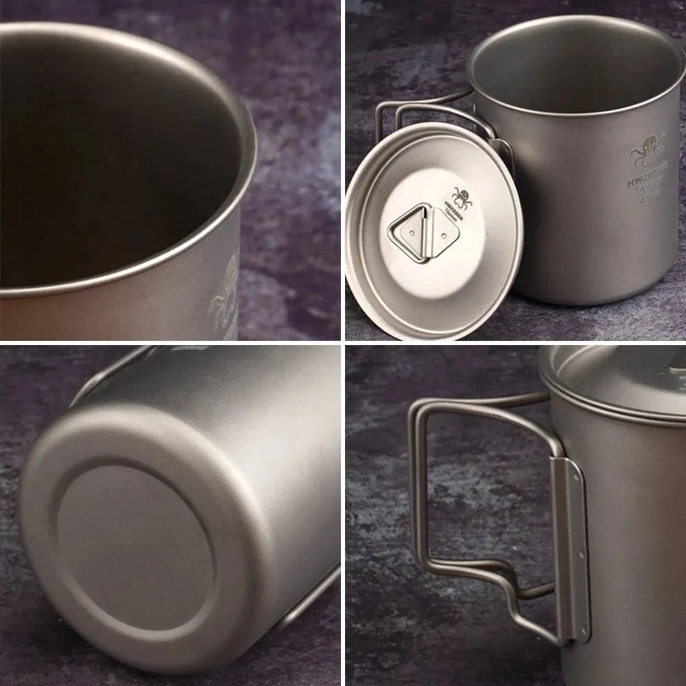 420ml Titanium Cup with Foldable Handles Lightweight Water Cup Tableware for Outdoor Hiking Equipment Picnic Camping Supplies