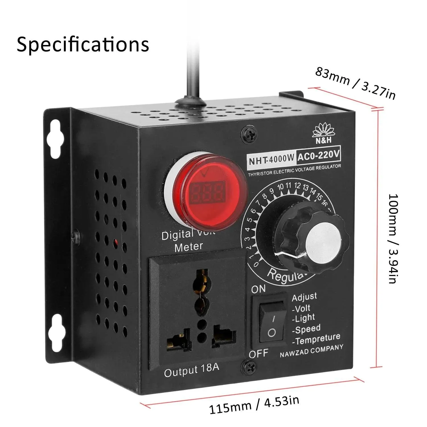 AC 220V 4000W Compact Variable Voltage Controller Portable Speed Temperature Light Voltage Adjustable Dimmer