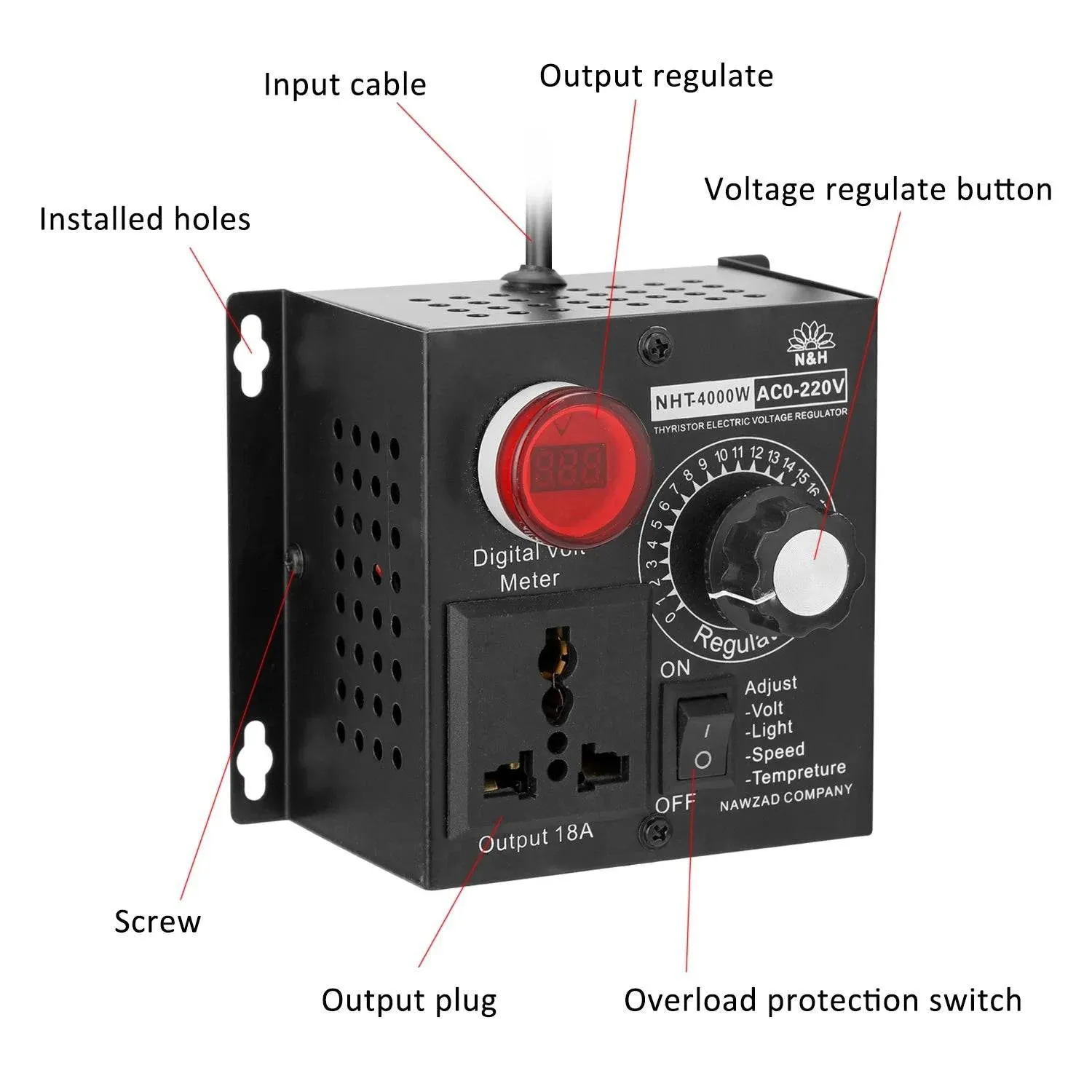 AC 220V 4000W Compact Variable Voltage Controller Portable Speed Temperature Light Voltage Adjustable Dimmer