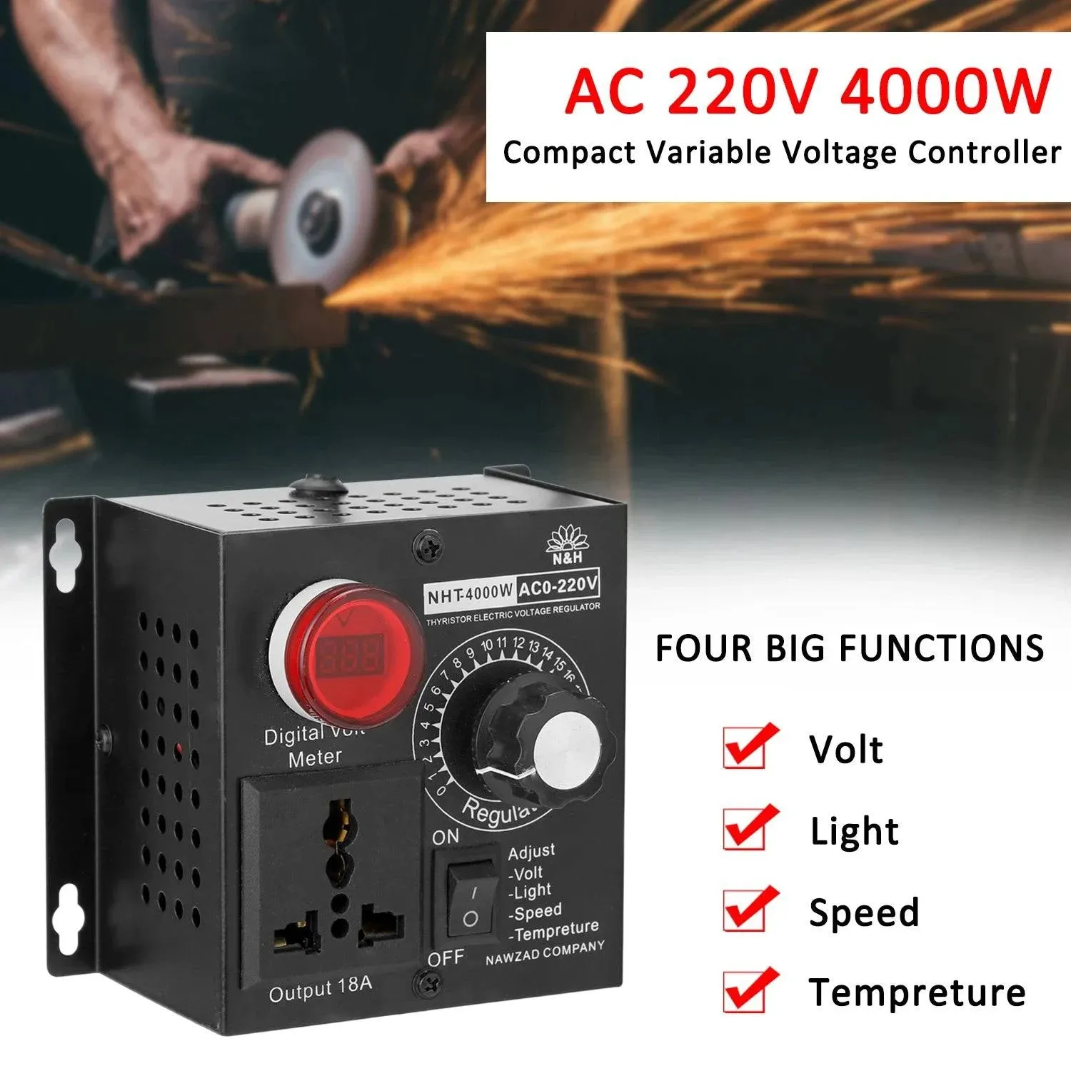 AC 220V 4000W Compact Variable Voltage Controller Portable Speed Temperature Light Voltage Adjustable Dimmer