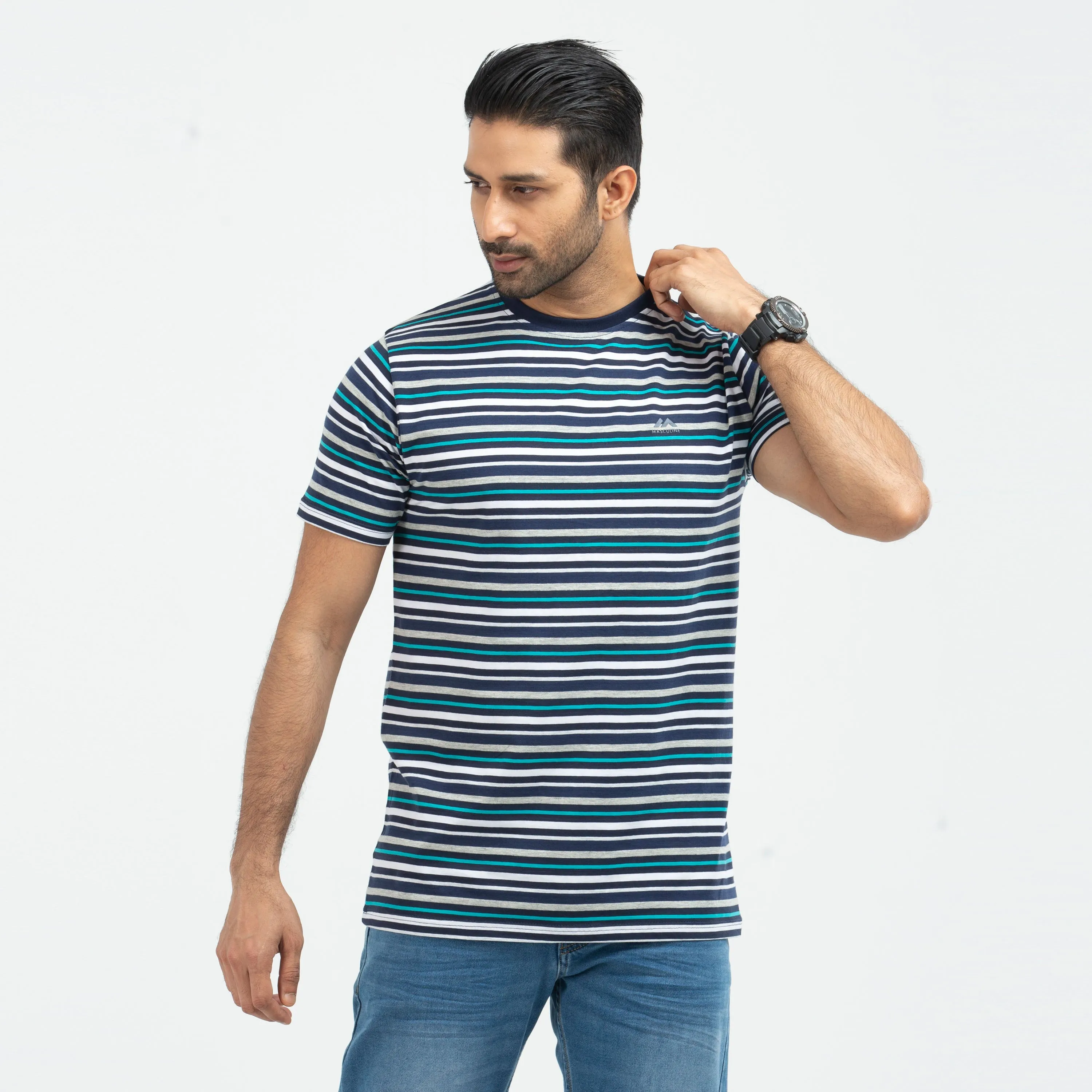 Cotton Comfort Stripe T-shirt - Cyan & navy