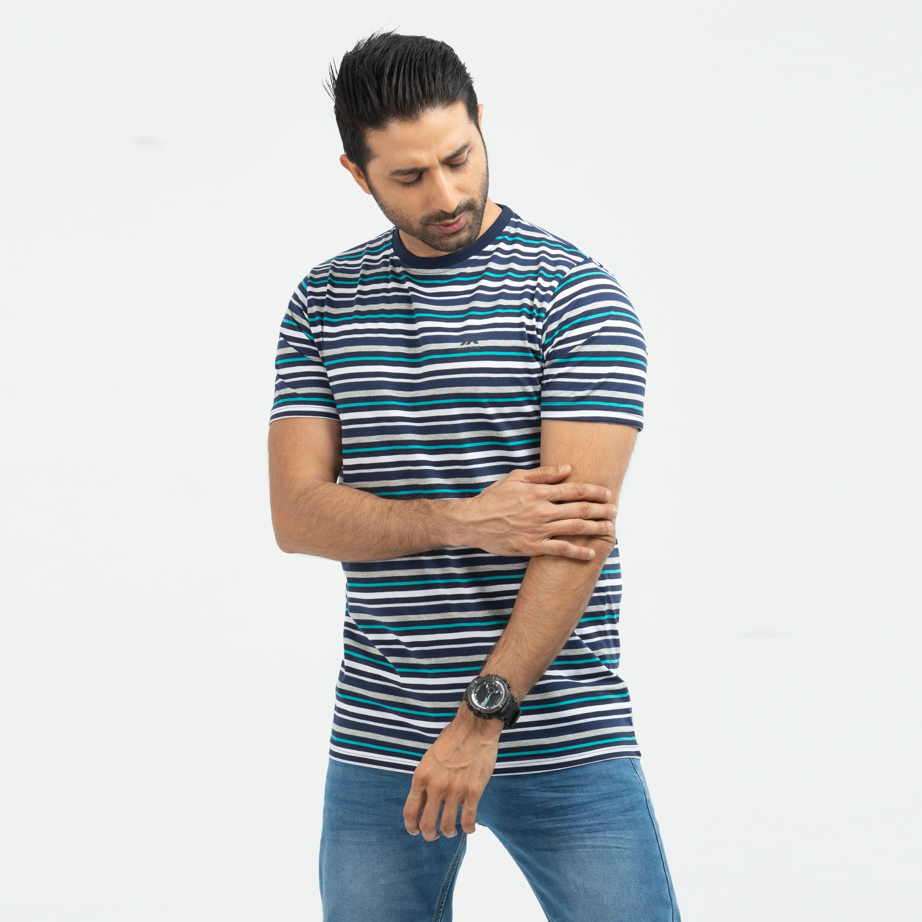 Cotton Comfort Stripe T-shirt - Cyan & navy