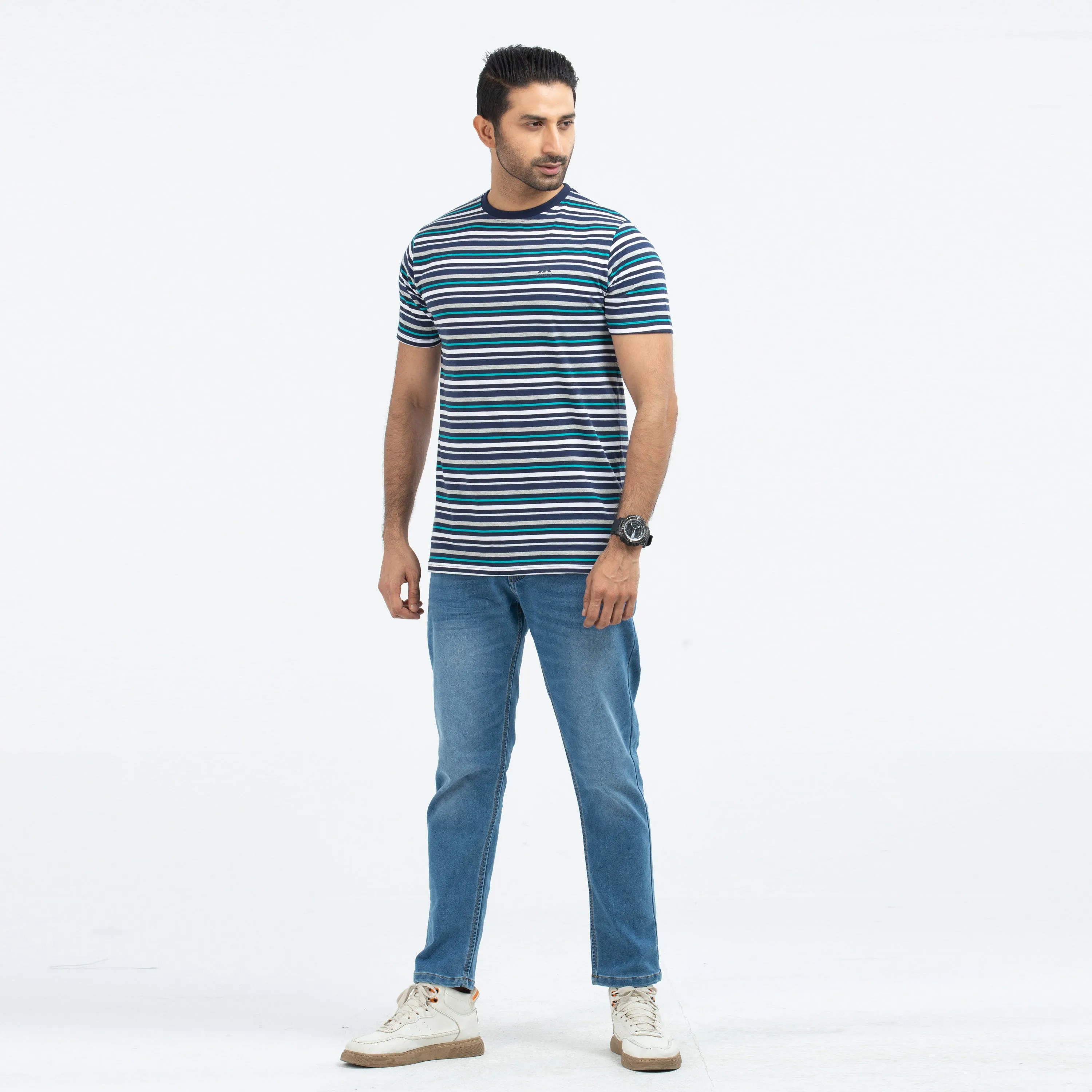 Cotton Comfort Stripe T-shirt - Cyan & navy