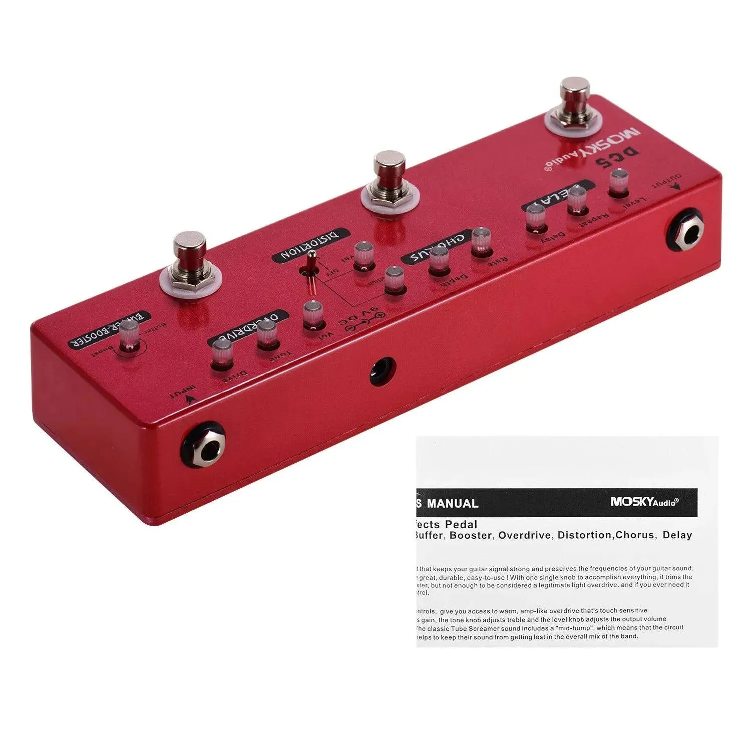 DC5 6-in-1 Guitar Multi-Effects Pedal Delay Chorus Distortion Overdrive Booster Buffer Full Metal Shell with True Bypass
