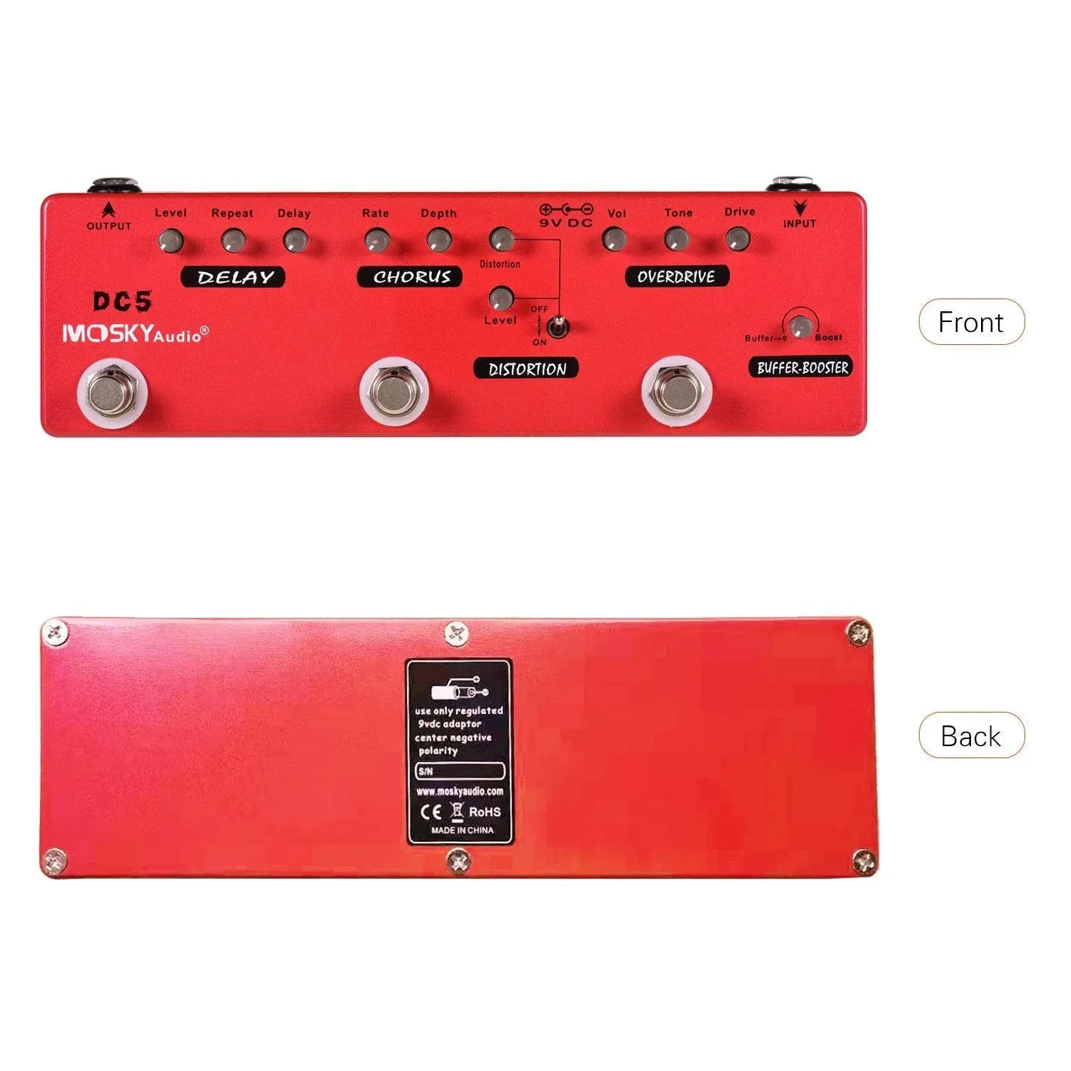 DC5 6-in-1 Guitar Multi-Effects Pedal Delay Chorus Distortion Overdrive Booster Buffer Full Metal Shell with True Bypass