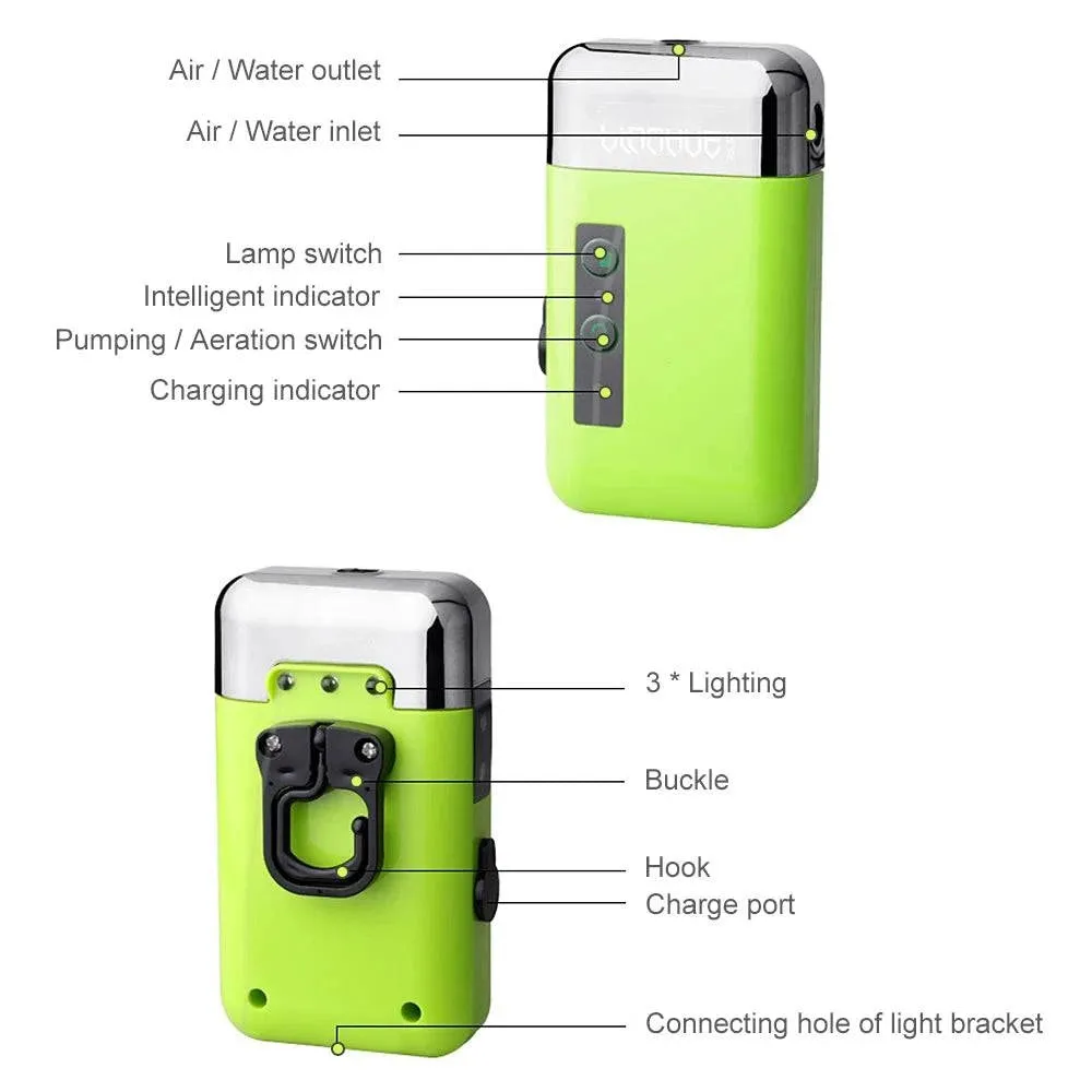 Portable Mini Oxygen Pump With Air Stone Tube 3-in-1 Sensing USB Charging Automatic Water Pump LED Lighting For Outdoor Fishing