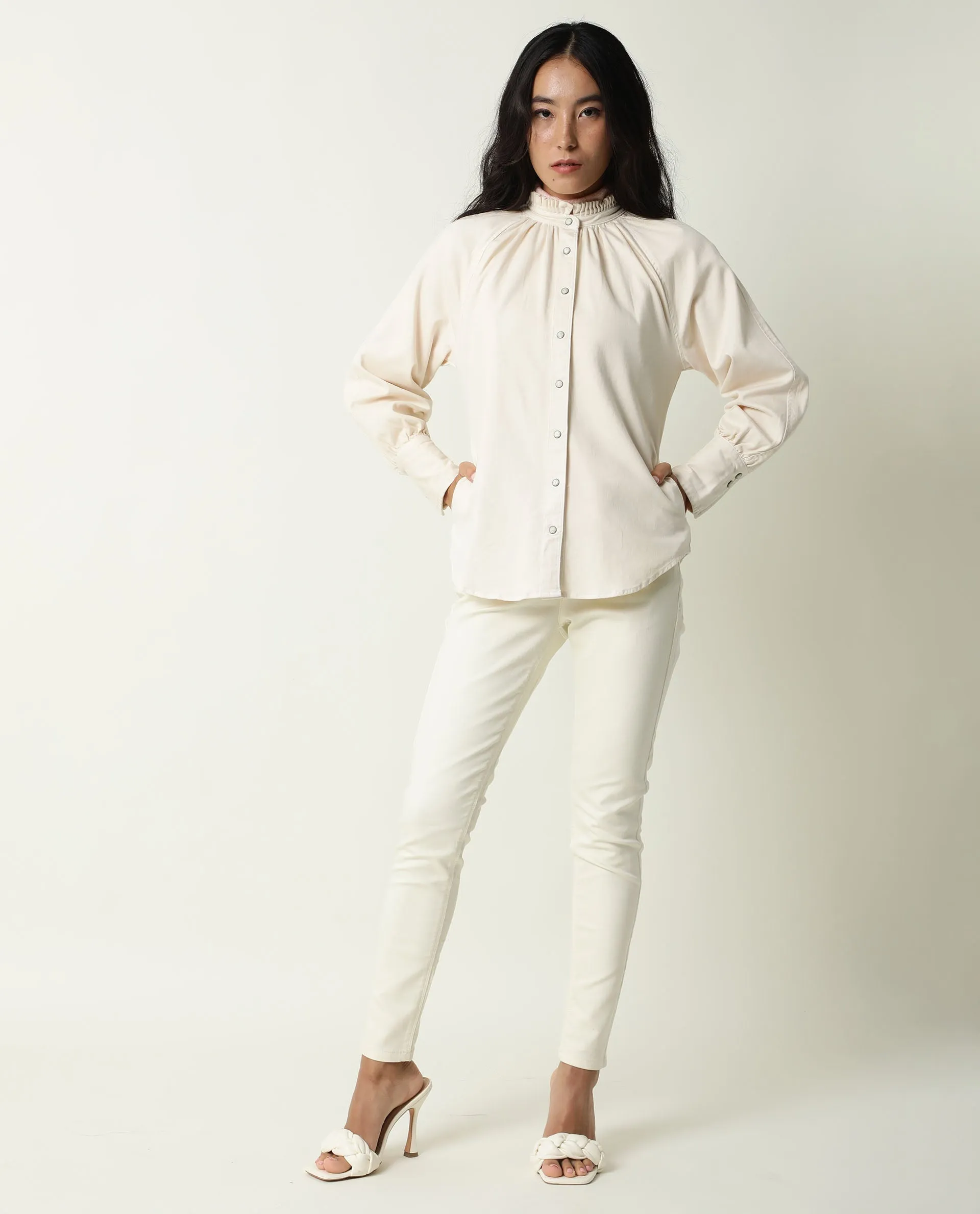 Rareism Women Bellona Off White Cotton Fabric Full Sleeves Solid Ruffled Neck Jacket