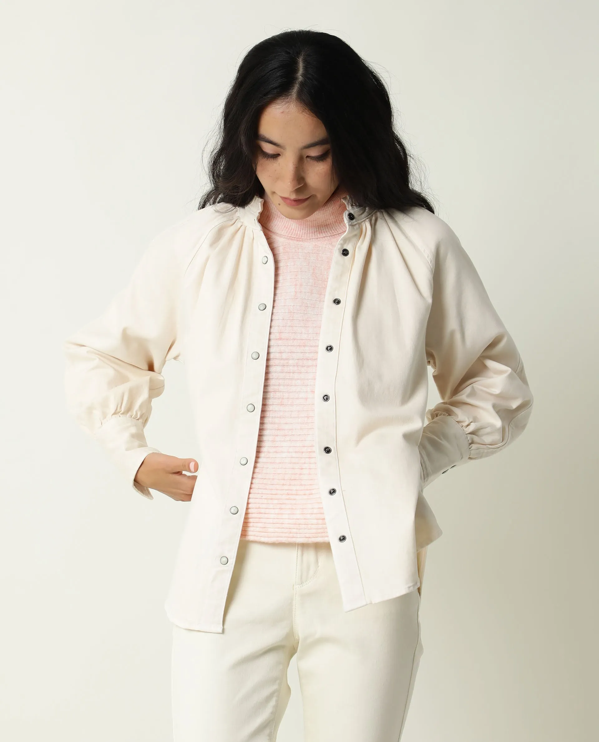 Rareism Women Bellona Off White Cotton Fabric Full Sleeves Solid Ruffled Neck Jacket