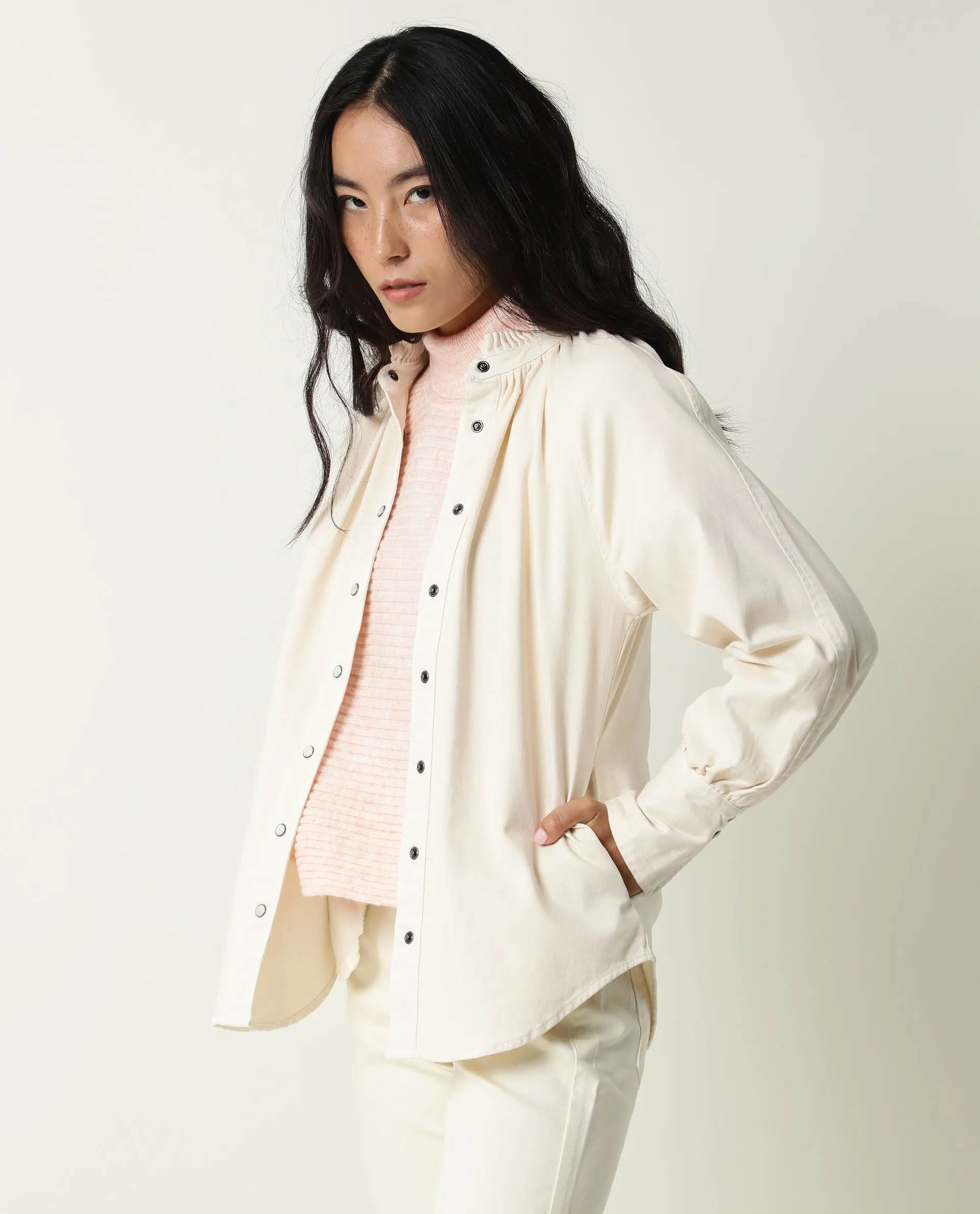 Rareism Women Bellona Off White Cotton Fabric Full Sleeves Solid Ruffled Neck Jacket